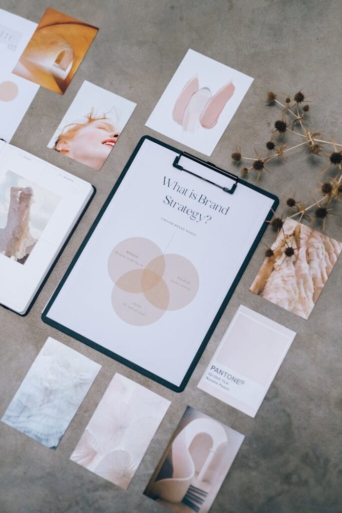 pexels-photo-7598024 Aesthetic flat lay of branding and design documents on textured surface.
